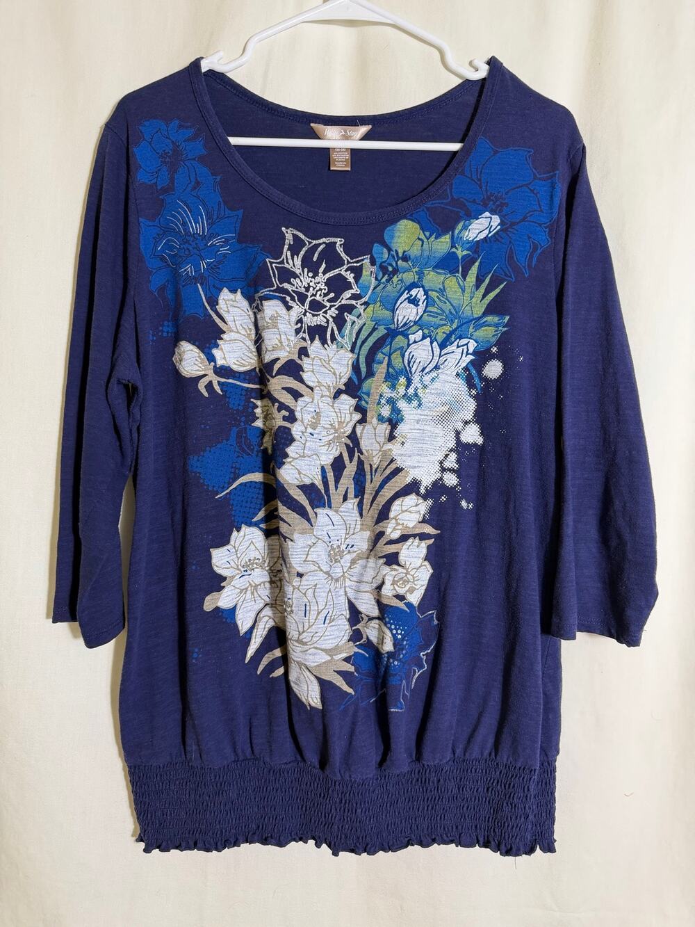 Vintage White Stag XL 16-18 Blue Floral Graphic Top 3/4 Sleeve Smocked Hem